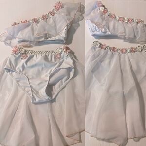 Glamour solo dance costume 2 piece white leotard rhinestoned LC-large child